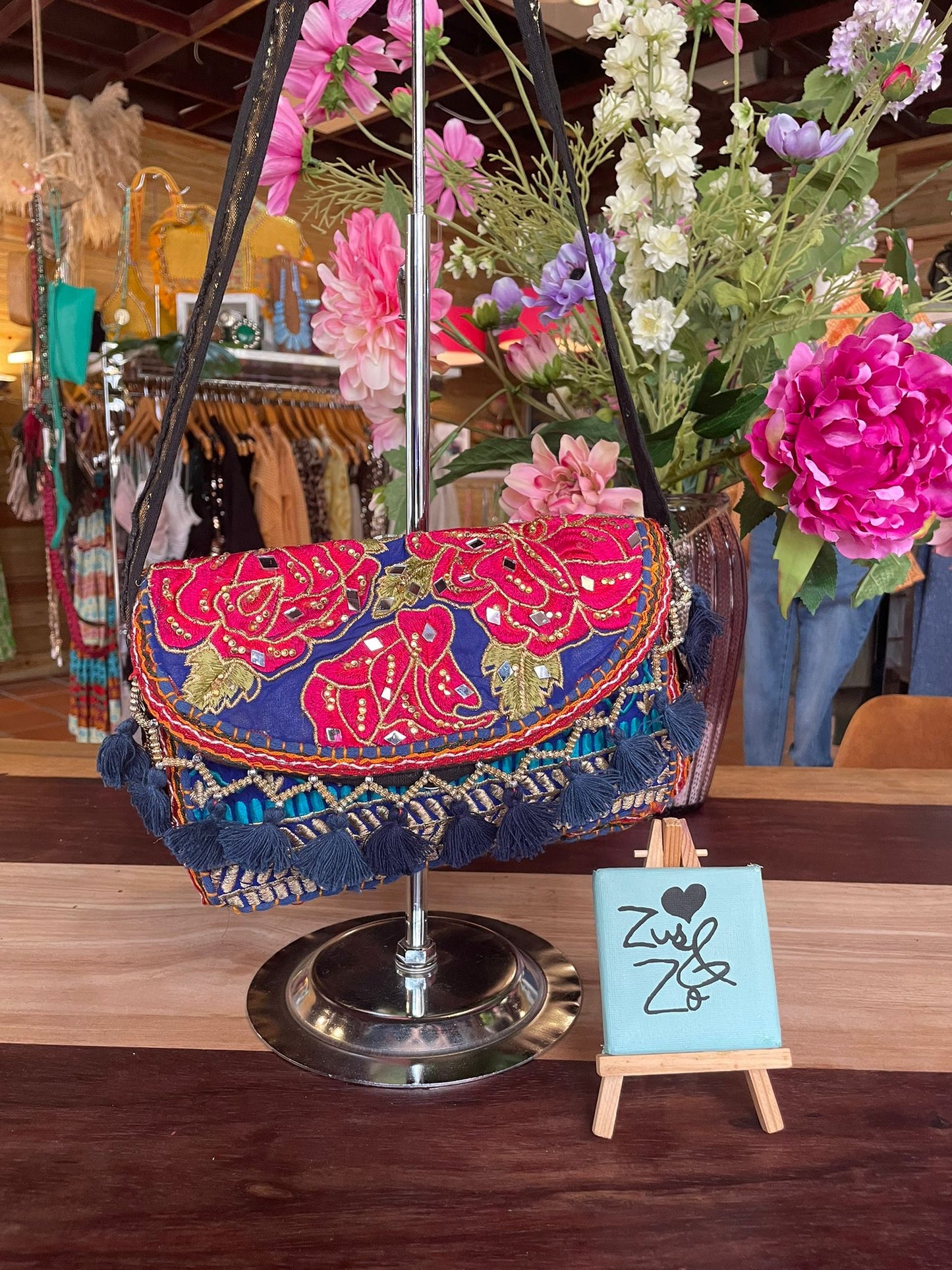 Boho Tassel Embroidered Bag Blue And Red Flowers.