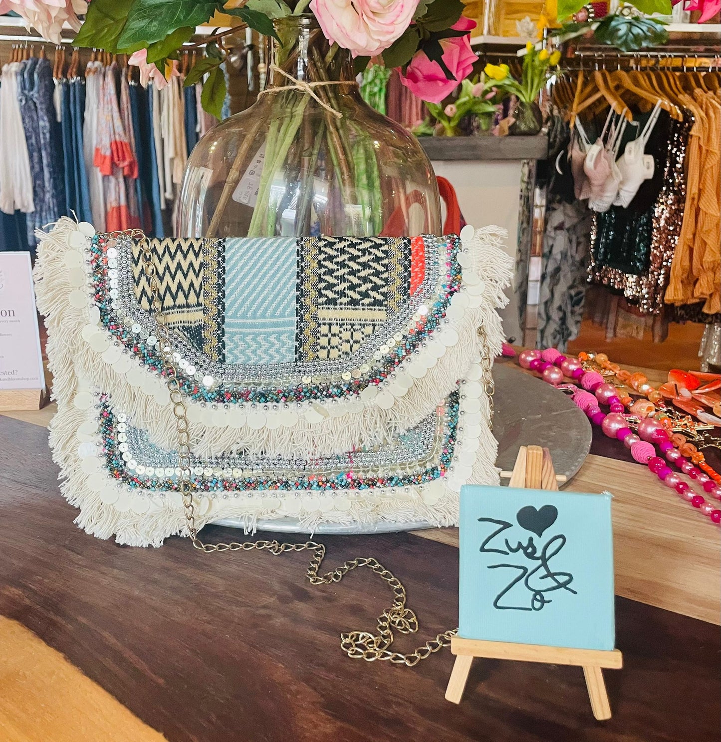 Fringed Sequin Clutch Bag Ivory & Multicolour