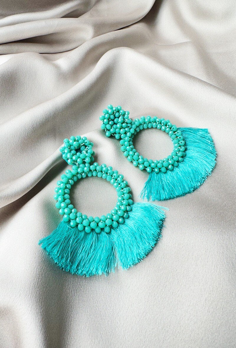 D Bijoux Hand-embroidered pearl and pompom earrings Turquoise TU