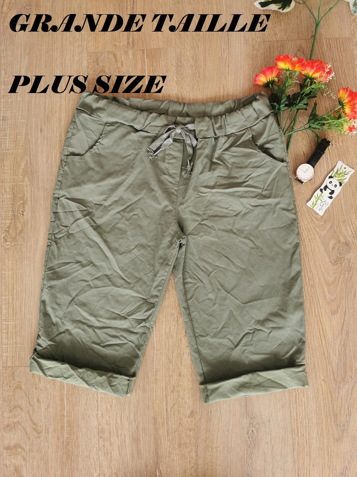 Zafa Crinkled cropped pants with side pockets Kaki TU