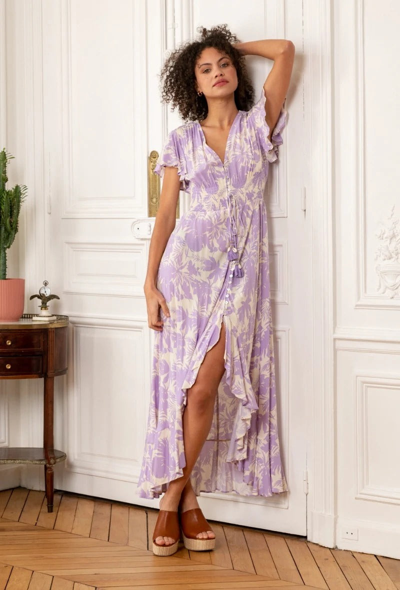 Printed tunic dress embroidered with shells with pompoms