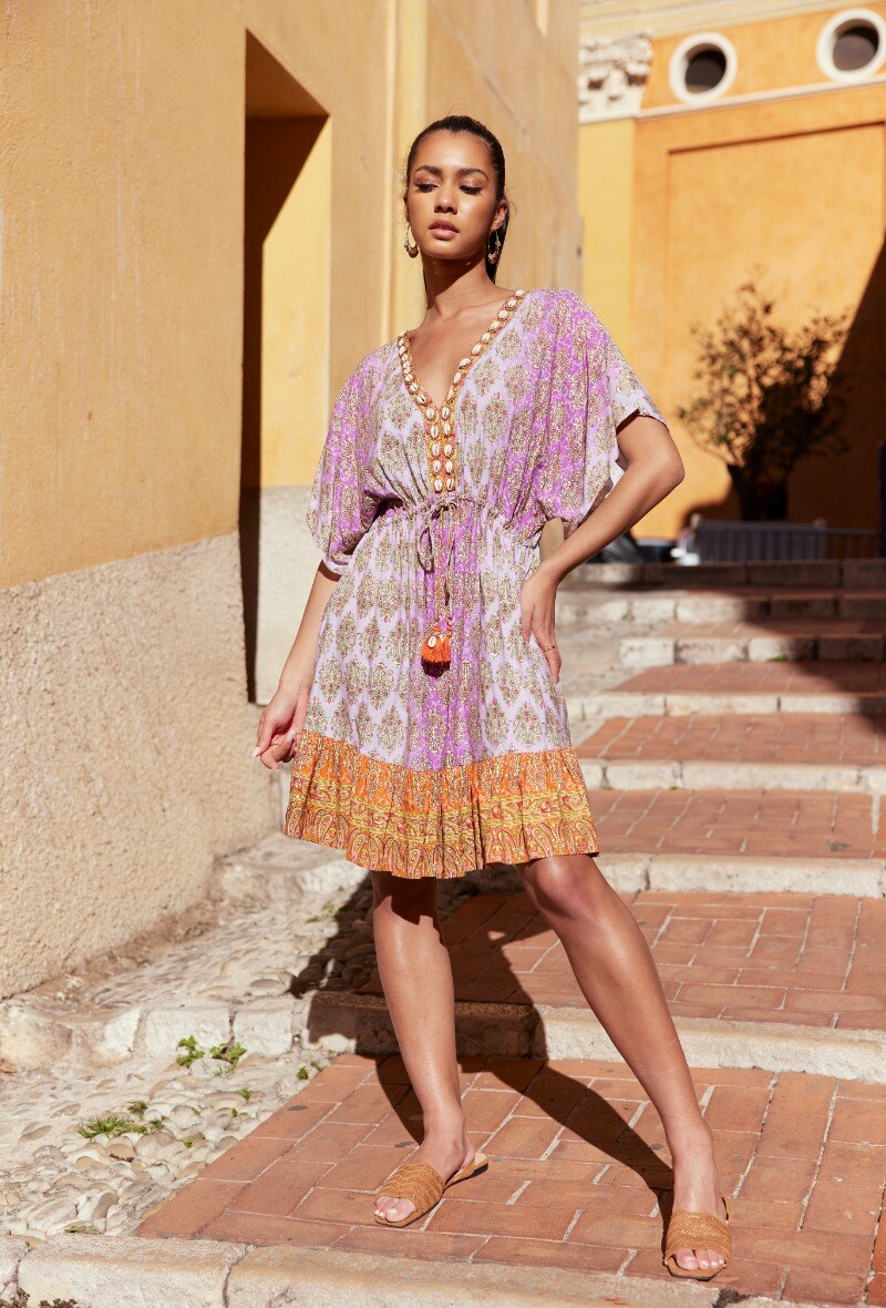 LAST QUEEN OUTLET Gradient color bohemian dress with gilt effect seashell pompom bow Lilac S