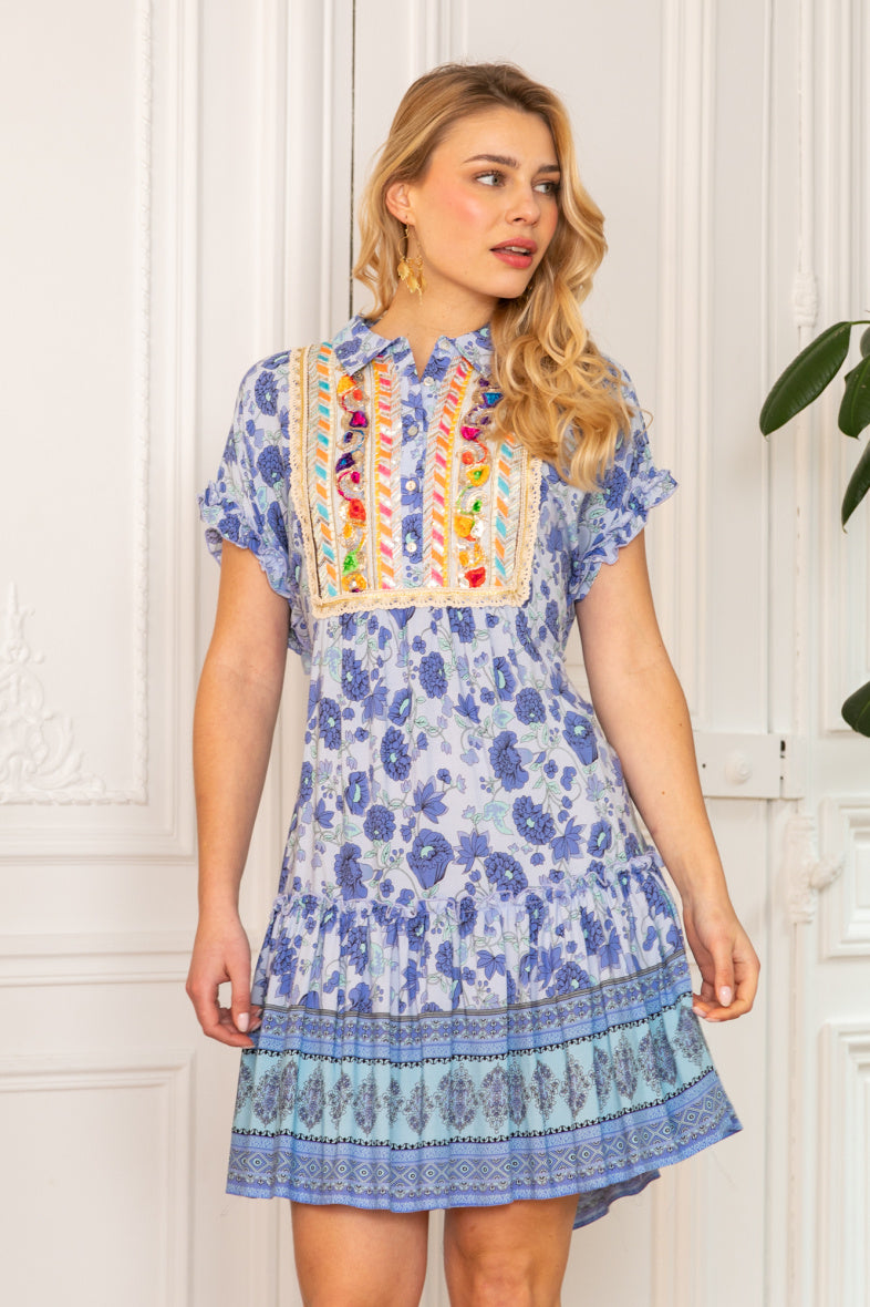 LAST QUEEN OUTLET Bohemian print midi shirt dress with embroidery Lilac TU