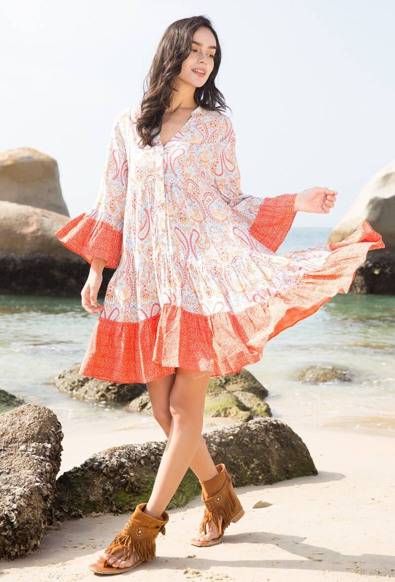 LAST QUEEN OUTLET Tunic shirt dress with V-neck, bohemian print Red S/M