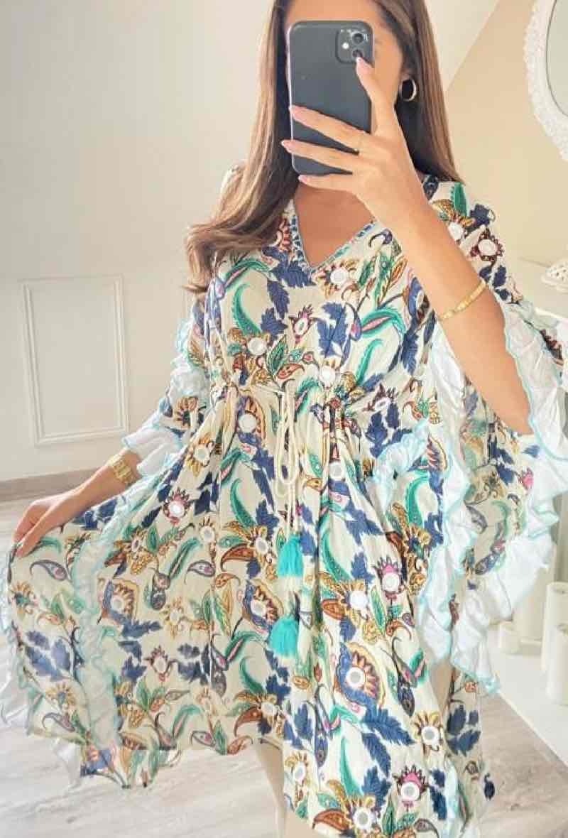 Goldendays Short patterned dress with loose sleeves Blue S/M