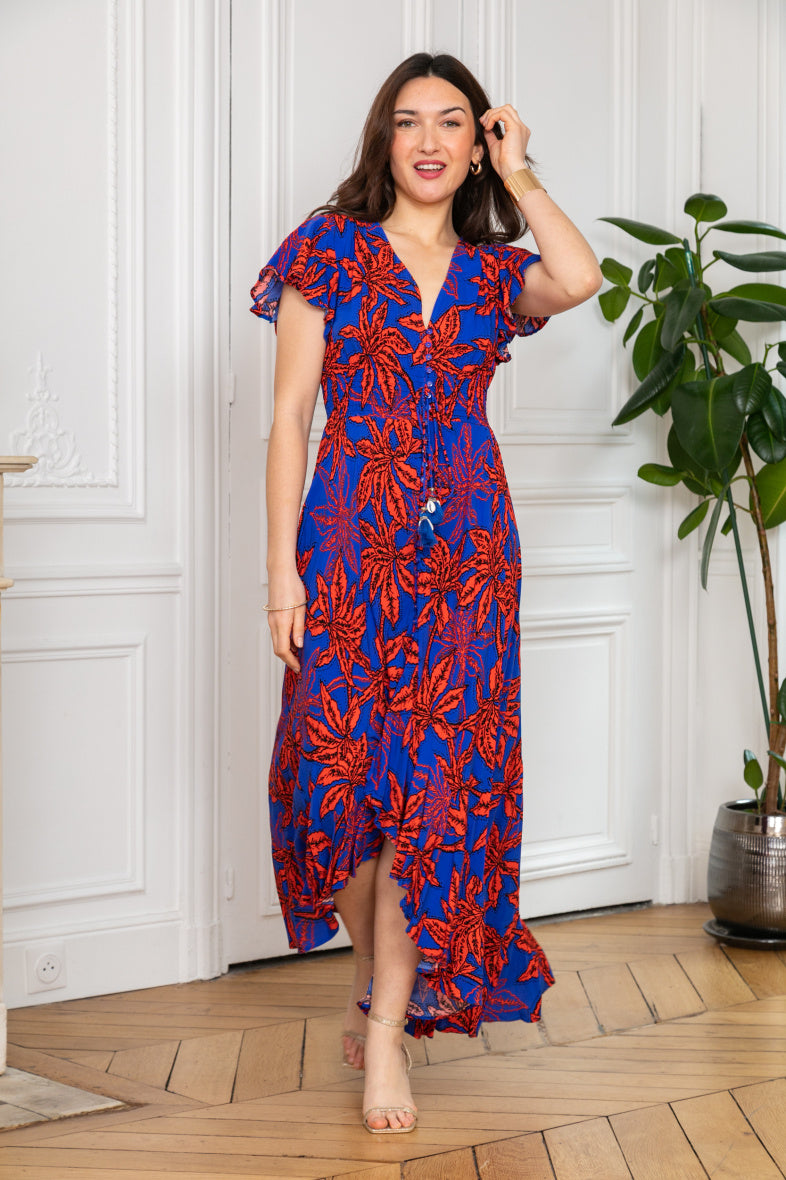 LAST QUEEN OUTLET Bohemian print button-front maxi dress Royal Blue S