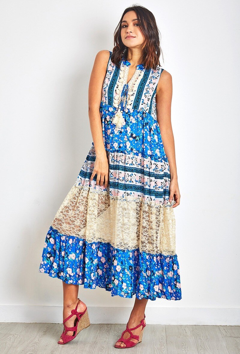 LAST QUEEN OUTLET Long dress in bohemian print with pompoms and lace Royal Blue S/M