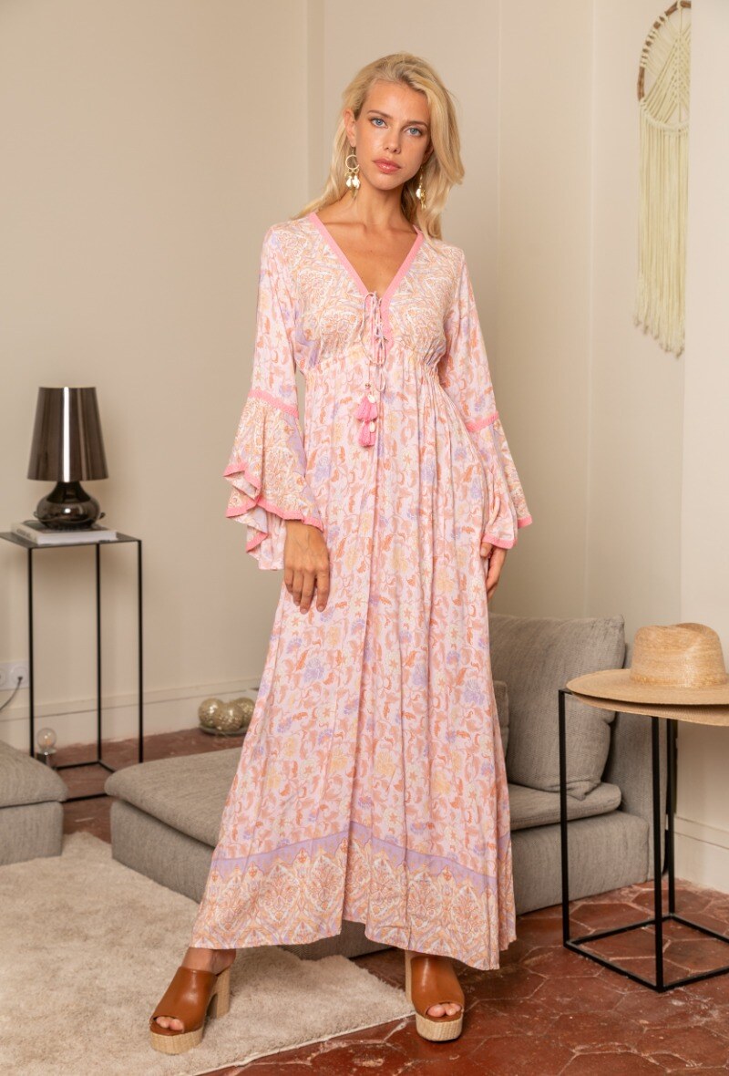 LAST QUEEN OUTLET Long bohemian dress with flared sleeves and V-neck Rose Shadow S
