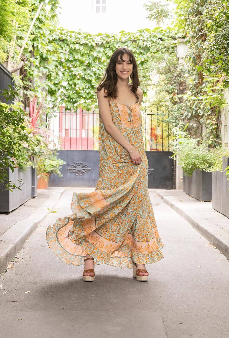 LAST QUEEN OUTLET Long sleeveless dress with bohemian print and tassels Light Green S/M