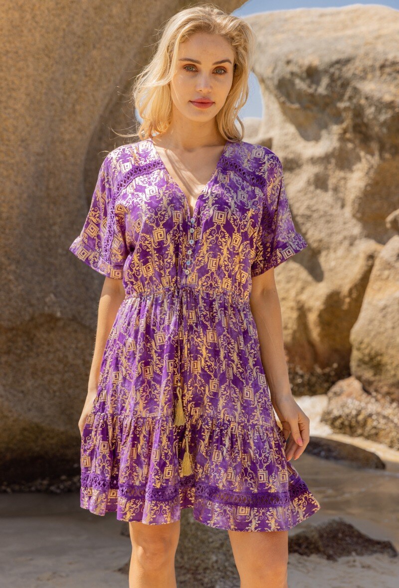 LAST QUEEN OUTLET Mid-length dress printed with gilding effect, V-neck buttoned in front Purple S/M
