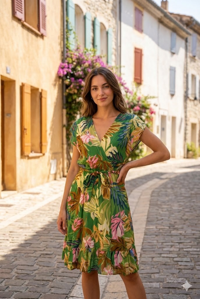 Rosa Fashion Flowy wrap dress with sleeves Green TU