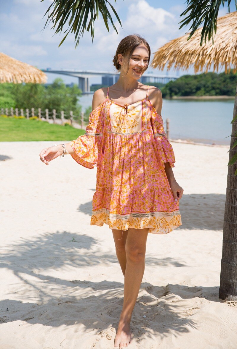 LAST QUEEN OUTLET Tunic dress with thin straps bohemian print Pink S/M