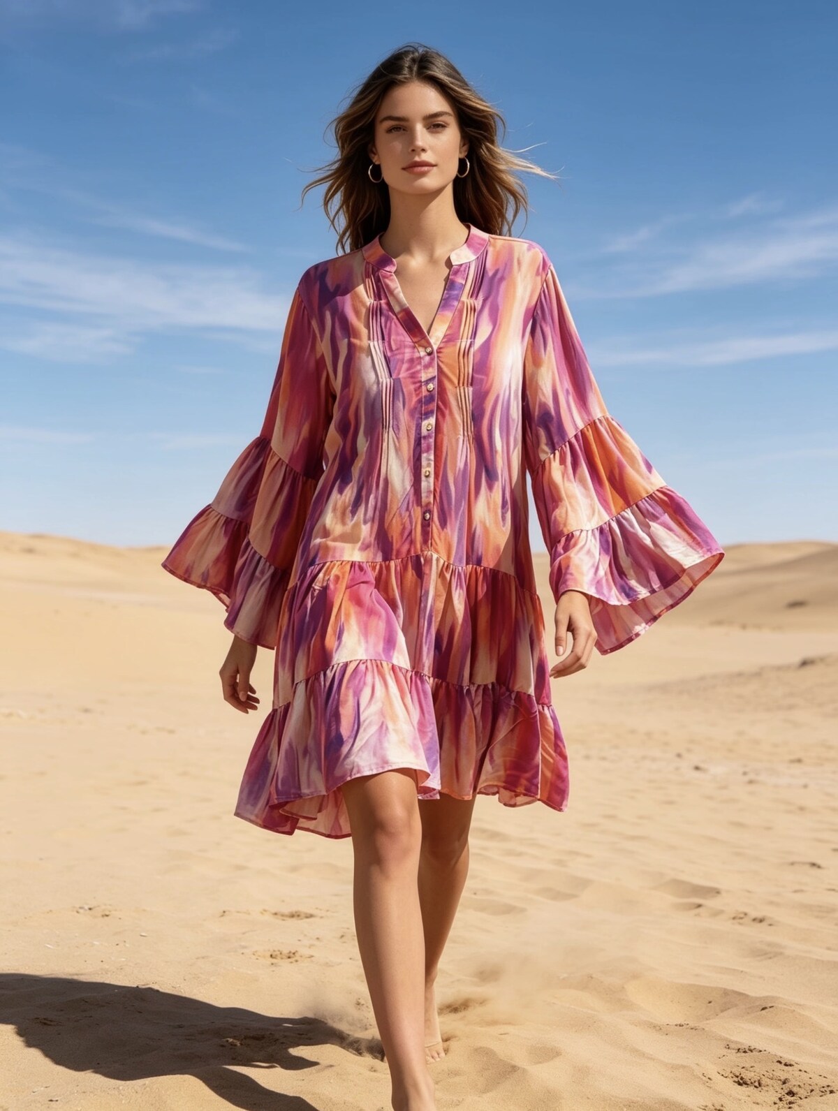 Last Queen Printed tunic dress, V-neck, flared cut Pink Flash S