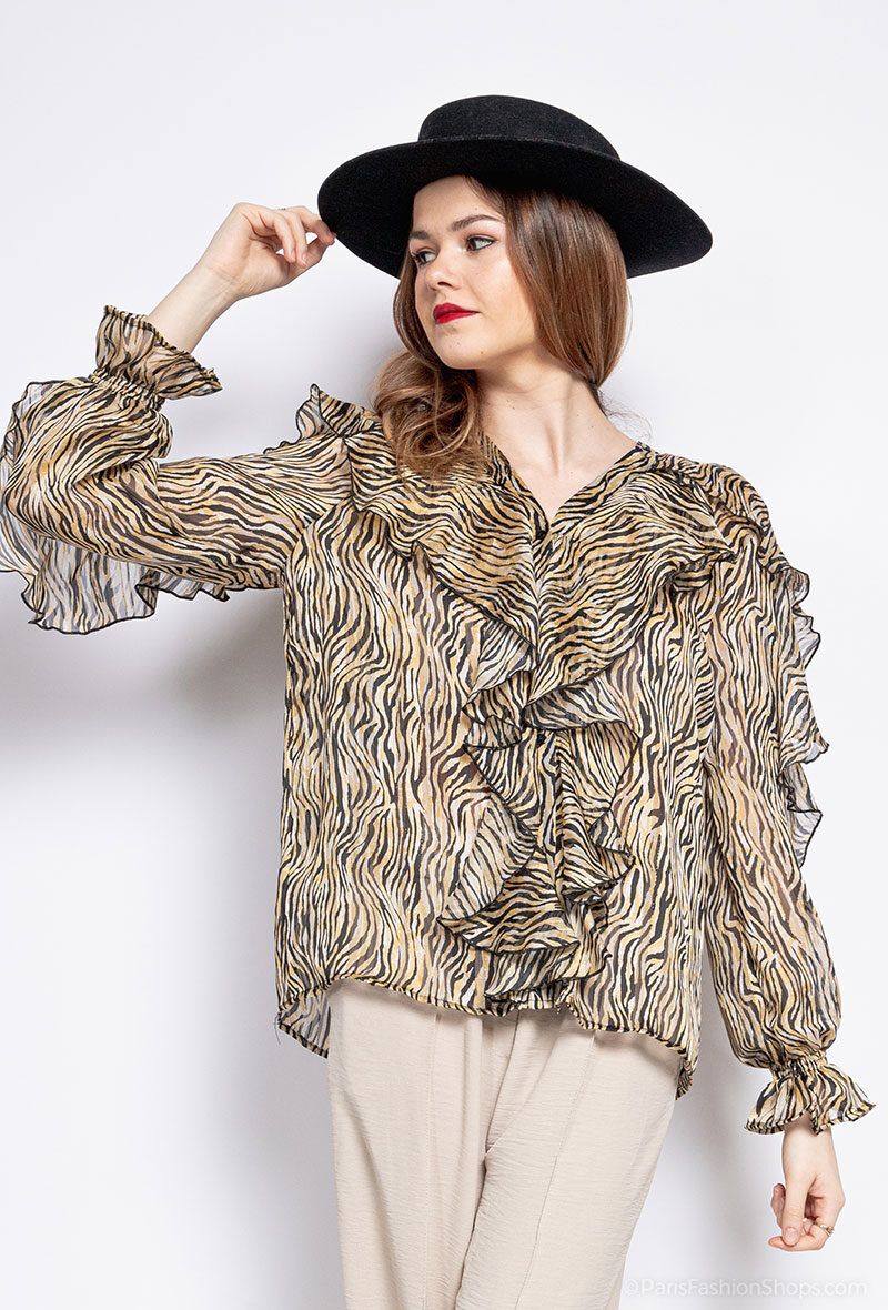 LAST QUEEN OUTLET Bohemian print button-down shirt top with ruffles and V-neck Beige S/M