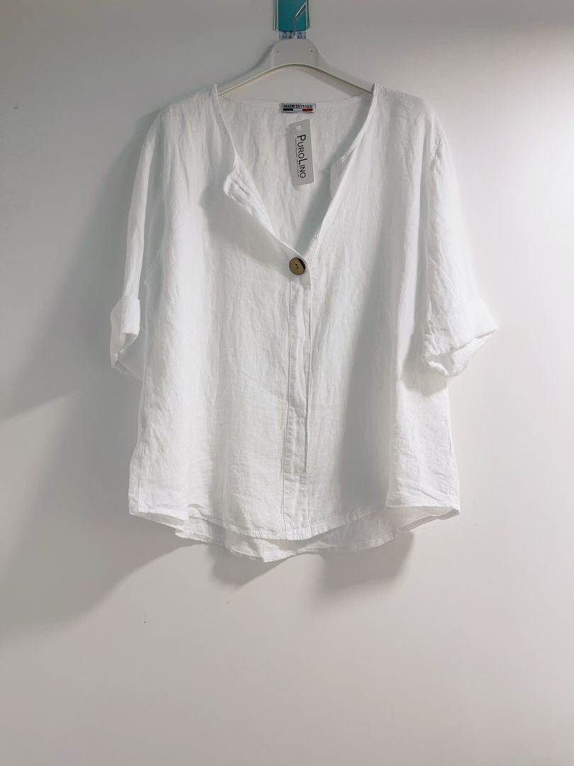 Happy Look Linen Top - Short Sleeves, V-Neck & Button Details White TU