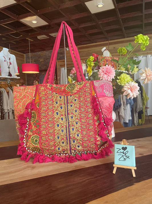 Embroidered Patchwork Tote Bag Pink