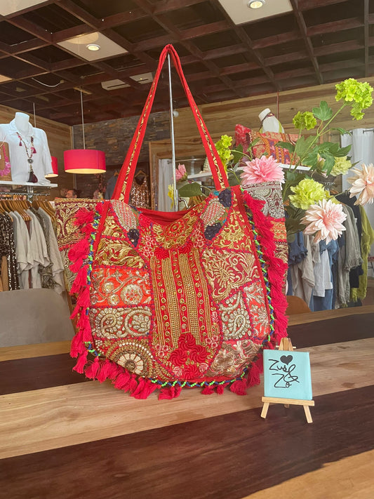 Embroidered Patchwork Tote Bag Red.