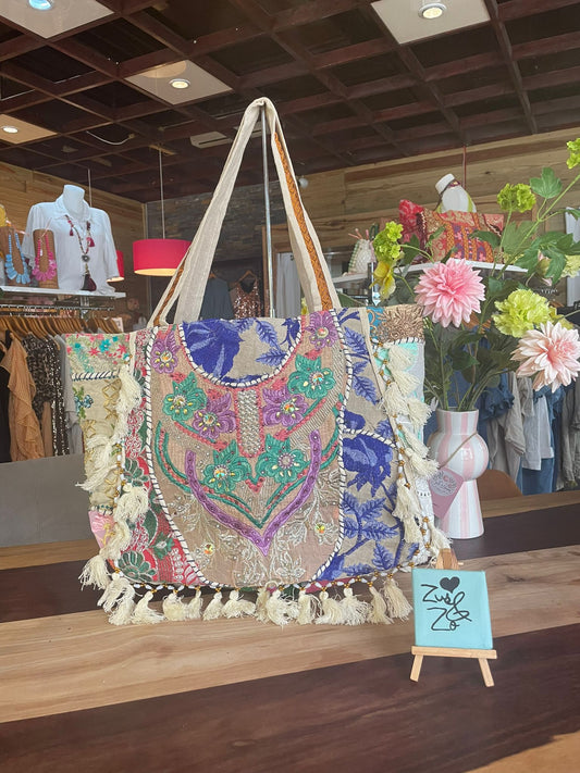 Embroidered Patchwork Tote Bag White And Blue