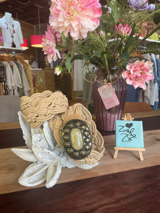 Vintage Style Braided Belt with Stone Accent Buckle