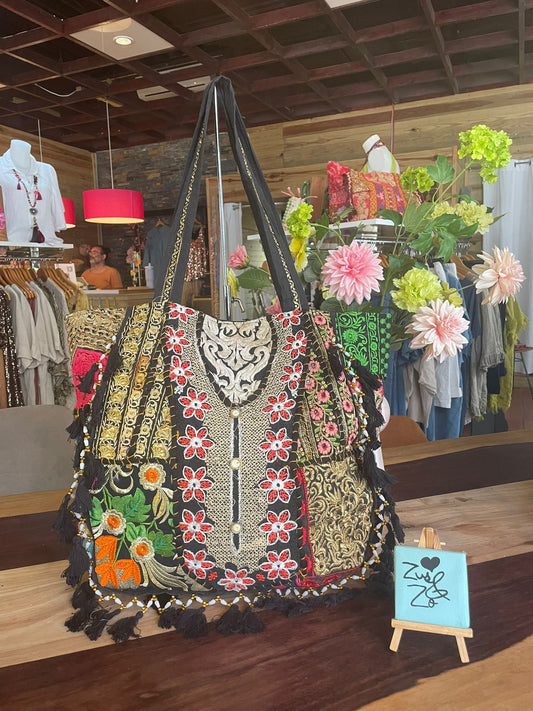 Embroidered Patchwork Tote Bag Black