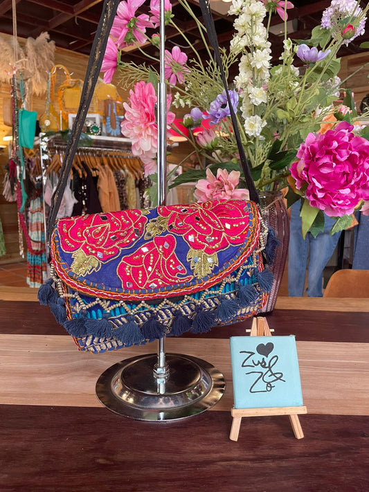 Boho Tassel Embroidered Bag Blue And Red Flowers.