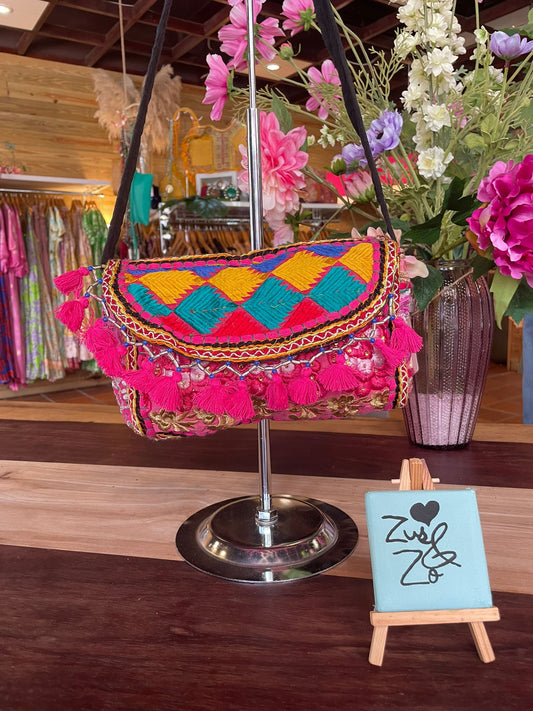 Boho Tassel Embroidered Bag Red Green and Yellow.