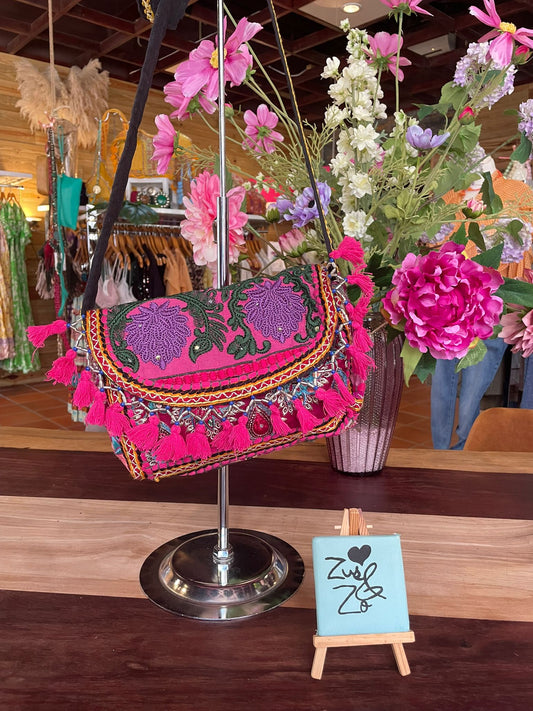 Boho Tassel Embroidered Bag Red And Purple