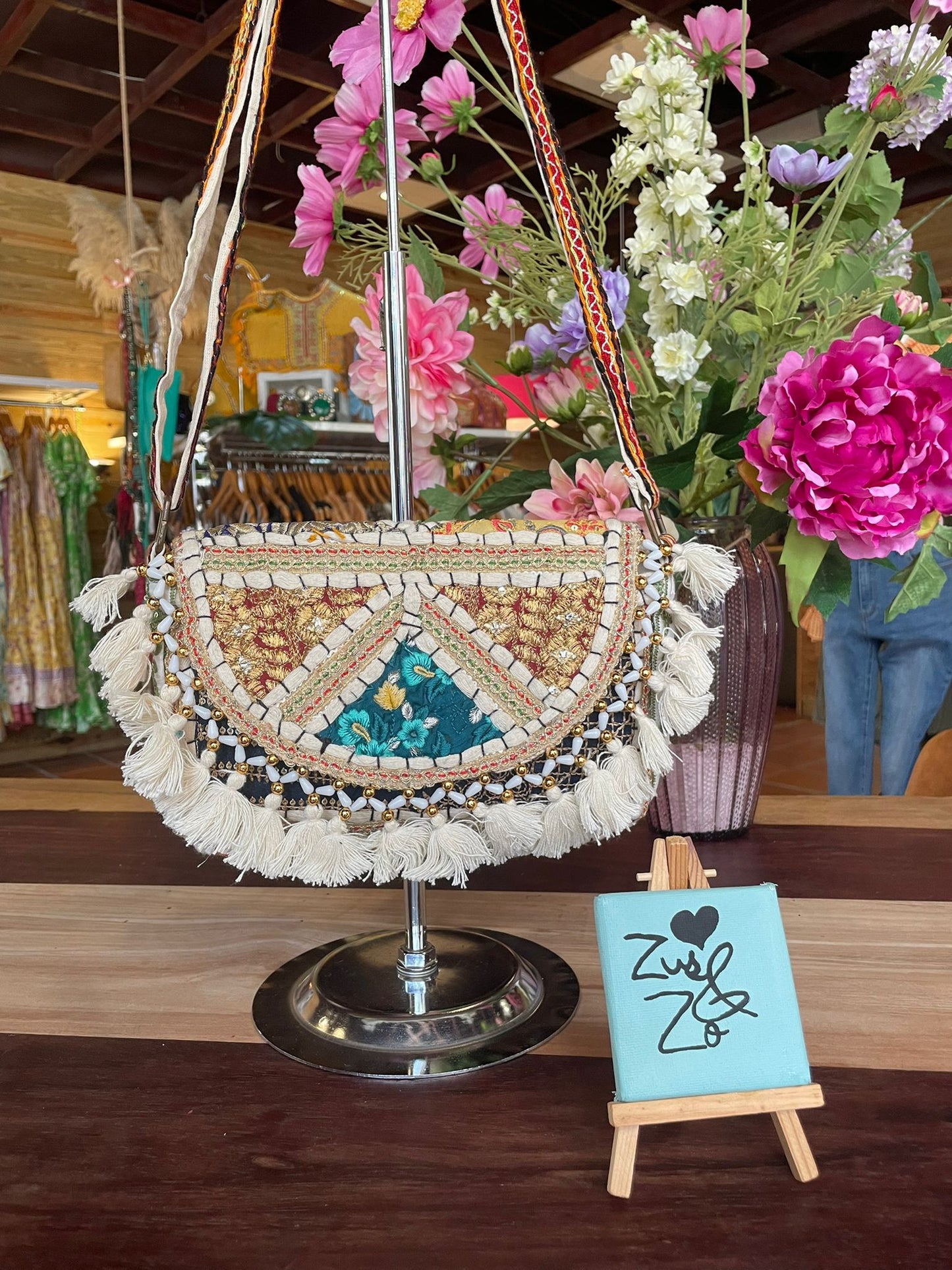 Boho Tassel Embroidered Bag White and Turquoise.