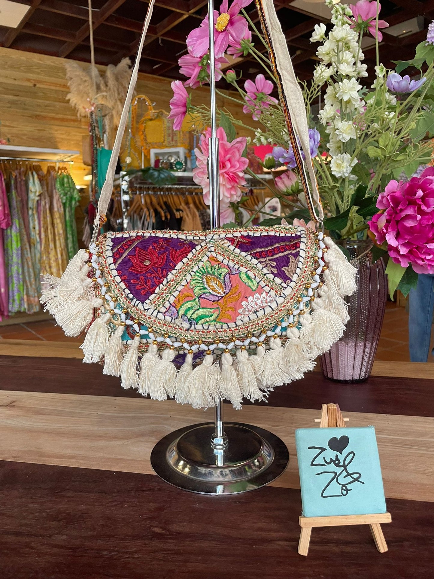 Boho Tassel Embroidered Bag White Purple And Green.