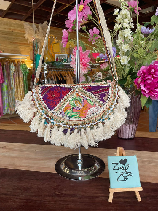 Boho Tassel Embroidered Bag White Purple And Green.