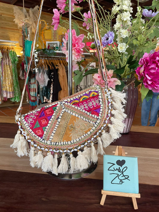 Boho Tassel Embroidered Bag White / Multicolor