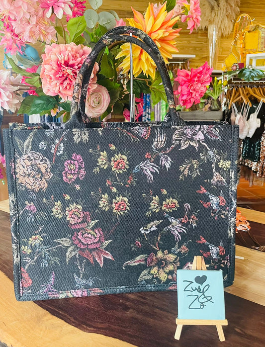 Floral Print Structured Tote Bag Black