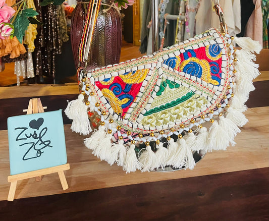 Embroidered Tassel Crossbody Bag Multicolour (Red/Blue/Green)