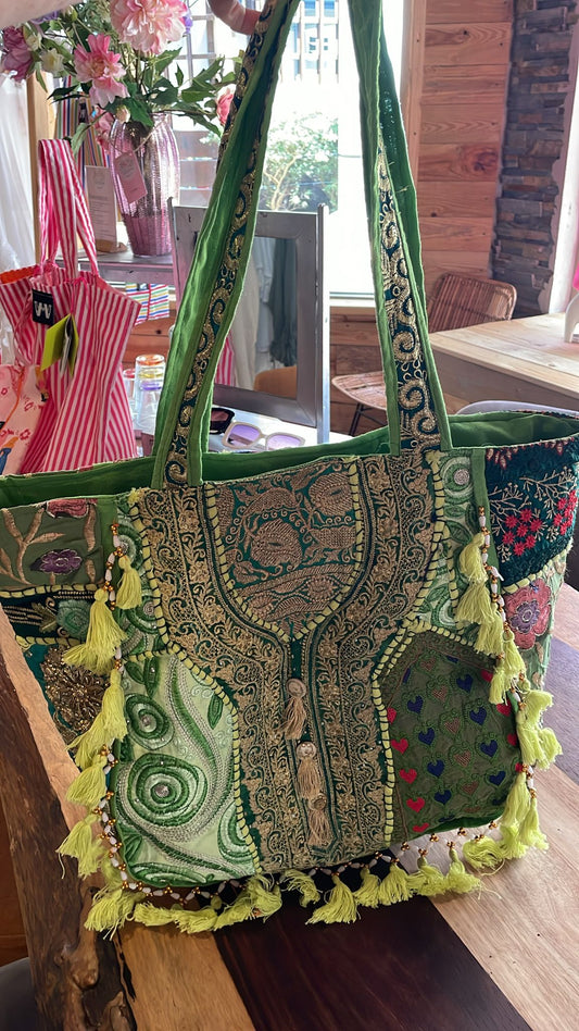 Patchwork Embroidered Tote Bag Green