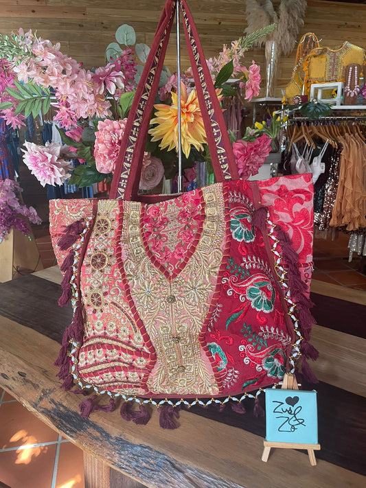Embroidered Tote Bag Burgundy Red
