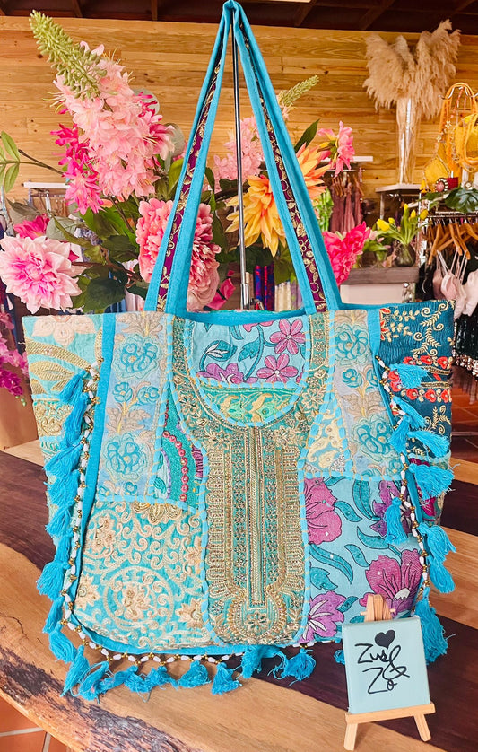 Patchwork Embroidered Tote Bag Turquoise Blue