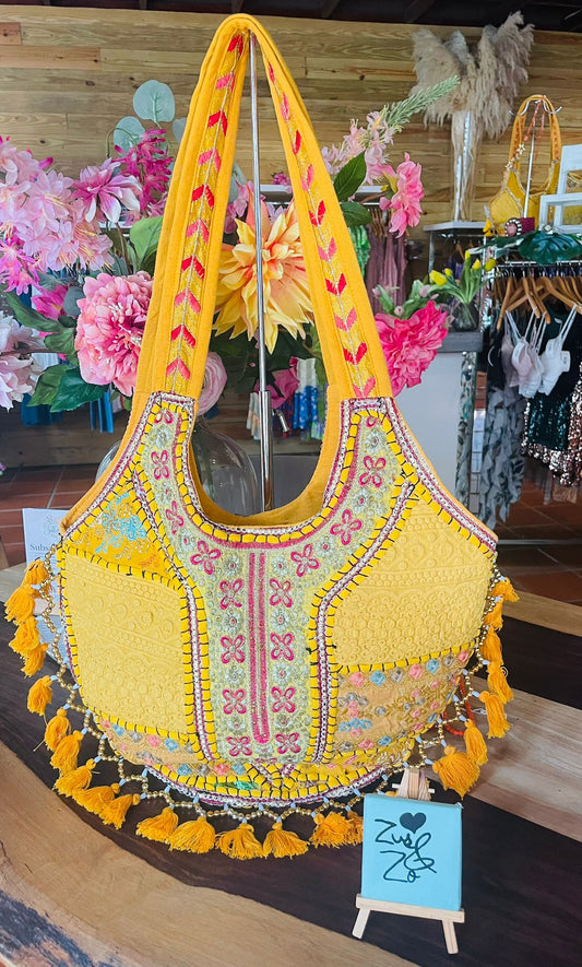 Boho Embroidered Tote Bag Mustard Yellow