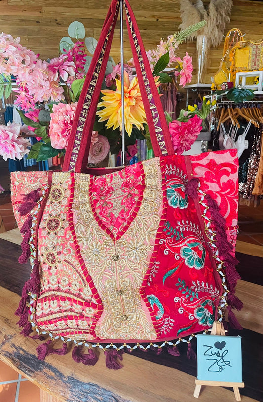 Patchwork Embroidered Tote Bag Burgundy Red