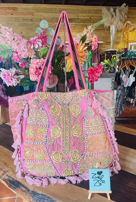 Embroidered Patchwork Tote Bag Blush Pink