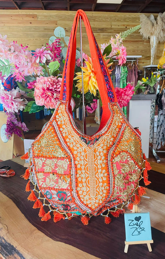 Embroidered Boho Shoulder Bag Bright Orange
