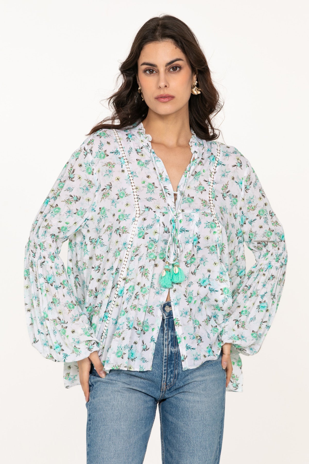 LAST QUEEN OUTLET V-neck blouse with ties with pompoms and shells Light Blue S