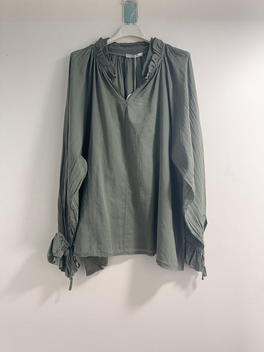 Happy Look Long -transparent long sleeve cotton sail blouse Kaki TU