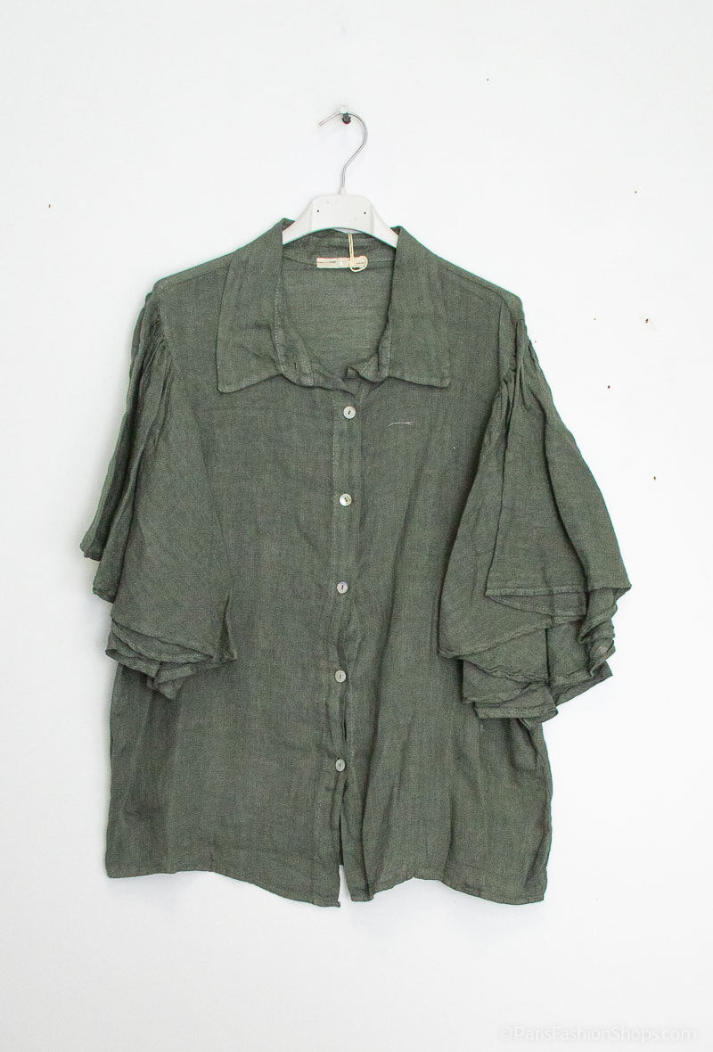 Happy Look Linen shirt - Short ruffle sleeves Kaki TU