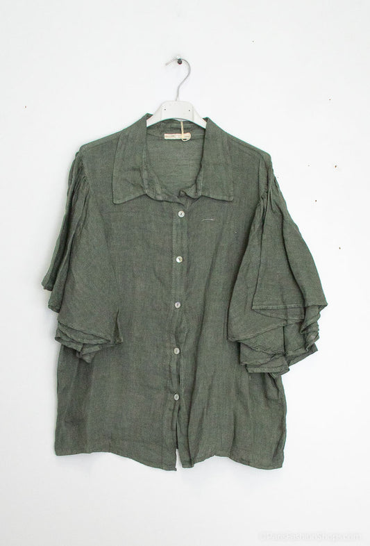 Happy Look Linen shirt - Short ruffle sleeves Kaki TU