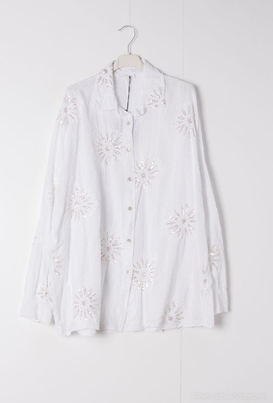 Happy Look Oversize shirt in embroidered cotton sail - bohemian and refined style White TU