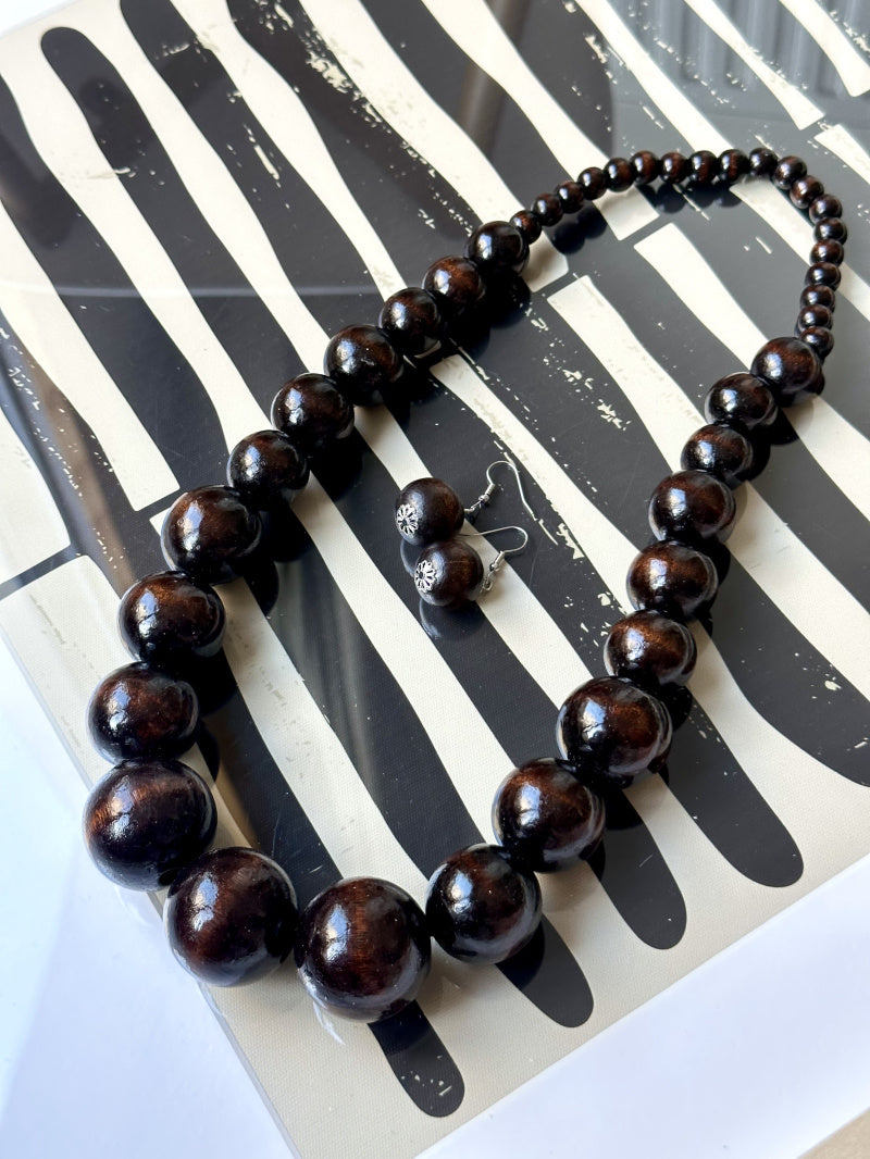 D Bijoux Natural wood necklace and ethnic style cord Dark Brown TU