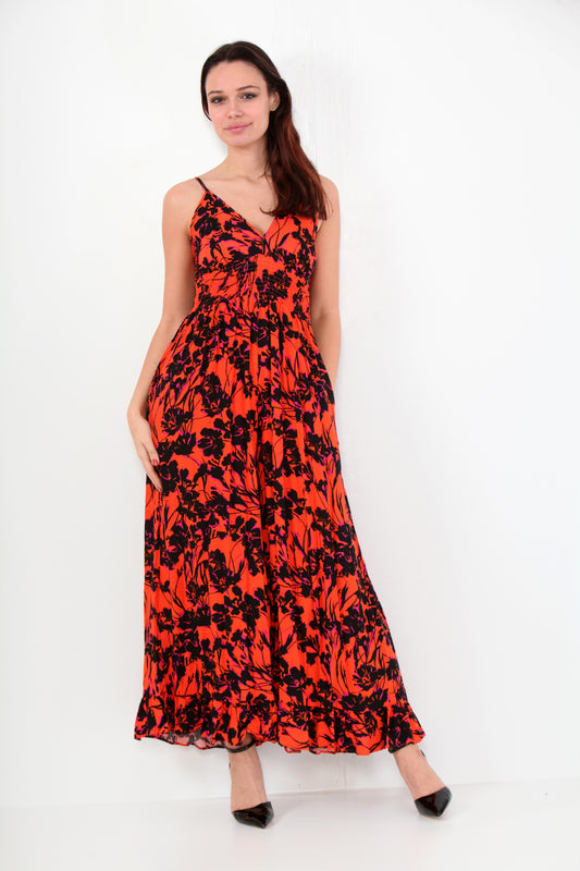 LAST QUEEN OUTLET Tropical printed dress with straps, Orange Red S