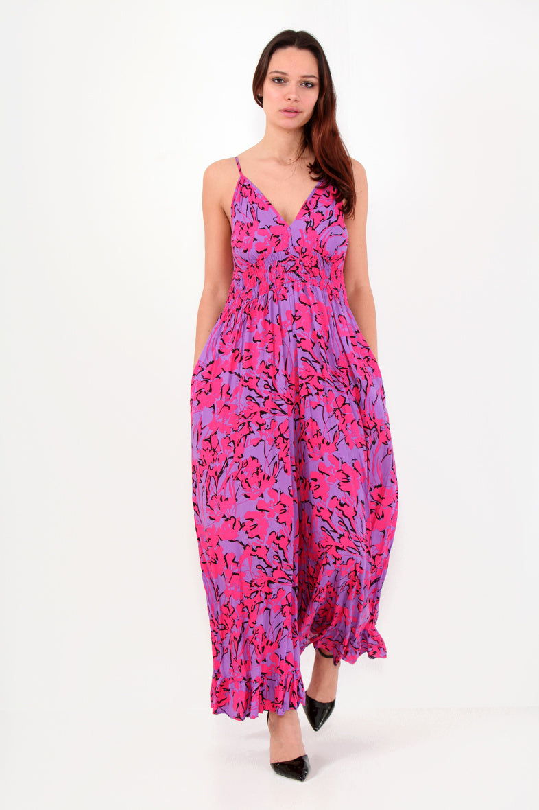 LAST QUEEN OUTLET Tropical printed dress with straps, Purple S