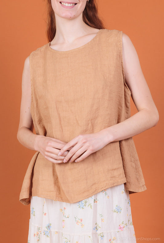 Pépouz' Paris Sleeveless linen blouse with buttoned back Camel TU