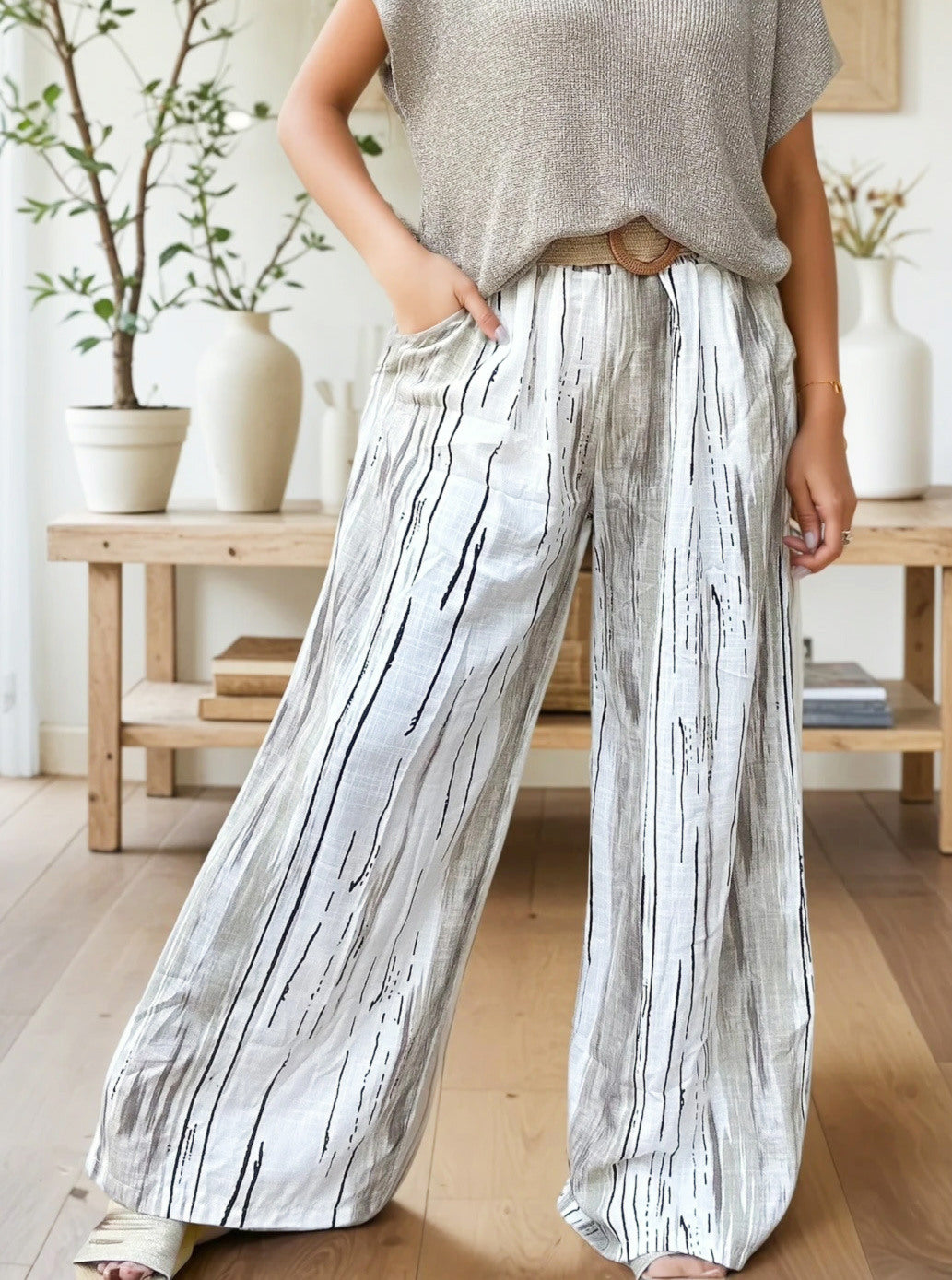 Zafa Viscose trousers, straight cut, with bohemian print Beige TU